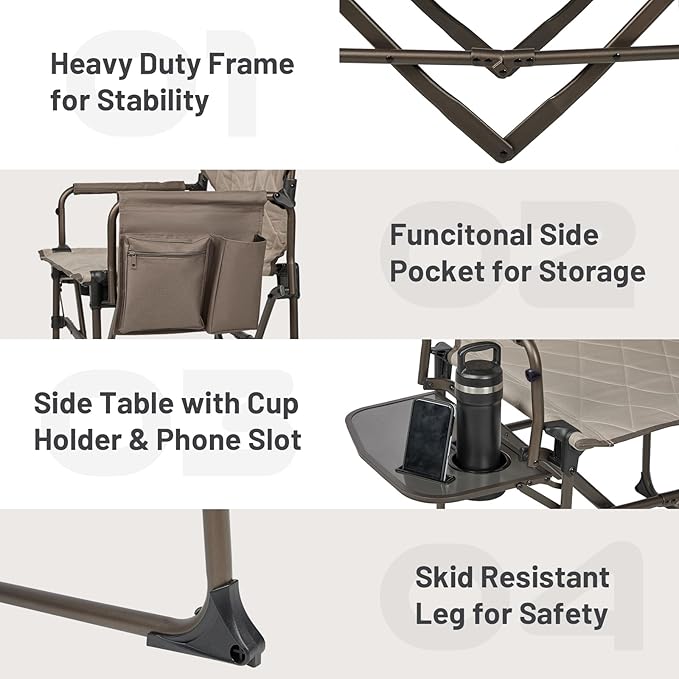Timber Ridge Aluminum Camping Directors Chair with Side Table Pocket, Portable Folding Chair, Heavy Duty Lawn Chair for Fishing Trip Picnic Concert Outdoor 400lbs, Tan