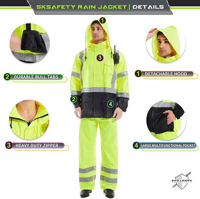 SKSAFETY Hi Vis Reflective Rain suits for Men Waterproof - High Vis Safety Rain Jacket, High Visibility Raincoat for Men
