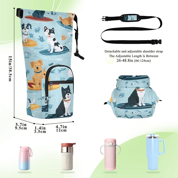 Blue Summer Dogs on Surfboards Water Bottle Holder with Strap Insulated Water Bottle Carrier Crossbody Bags Pouch with Phone Pocket for Travel Gym Hiking Walking Running
