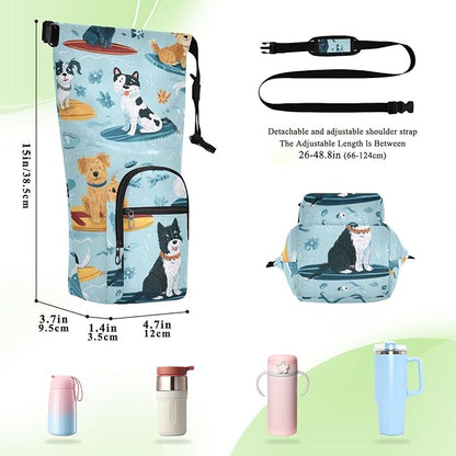 Blue Summer Dogs on Surfboards Water Bottle Holder with Strap Insulated Water Bottle Carrier Crossbody Bags Pouch with Phone Pocket for Travel Gym Hiking Walking Running