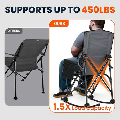 Overmont Back Support Rocking Camping Chair for Adults - Oversized with Adjustable High Backrest - Heavy Duty Folding Rocker Chair Supports 450 LBS - Perfect for Outdoor Lawn Beach Fishing Garden