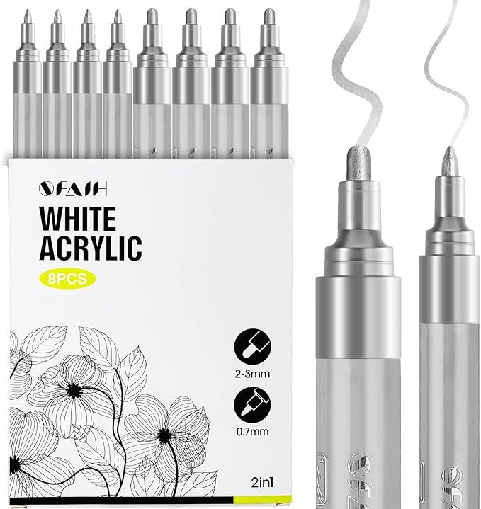 SFAIH Acrylic Silver Paint Pens - 8 Pack 2-3MM Medium Tip & 0.7MM Extra Fine White Paint Marker for Rock Painting, Wood, Metal, Fabric, Canvas, Glass, Ceramic, Diy Crafts