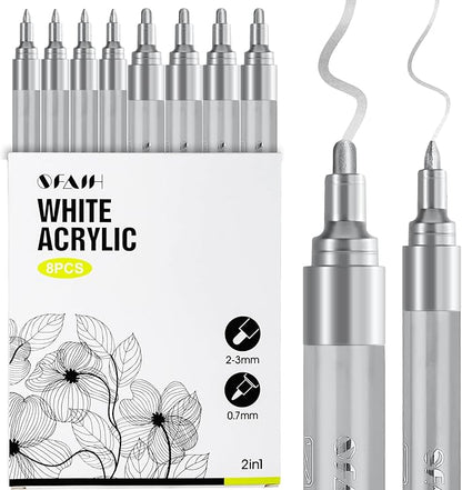 SFAIH Acrylic Silver Paint Pens - 8 Pack 2-3MM Medium Tip & 0.7MM Extra Fine White Paint Marker for Rock Painting, Wood, Metal, Fabric, Canvas, Glass, Ceramic, Diy Crafts
