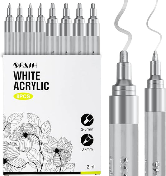 SFAIH Acrylic Silver Paint Pens - 8 Pack 2-3MM Medium Tip & 0.7MM Extra Fine White Paint Marker for Rock Painting, Wood, Metal, Fabric, Canvas, Glass, Ceramic, Diy Crafts