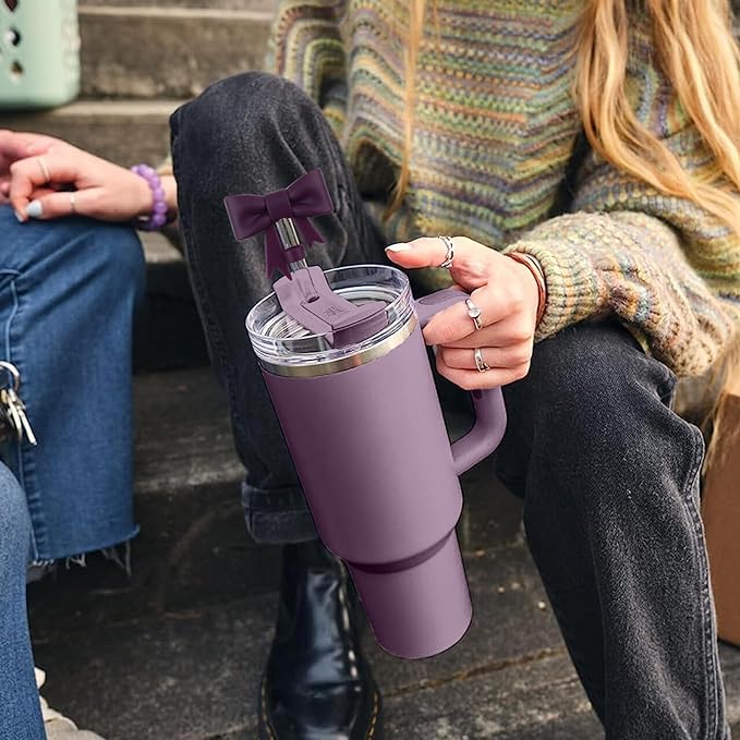 4Pcs Silicone Straw Toppers Covers for Stanley Cups 40/30oz 10mm(0.4in) Dust-Proof Bow Straw Covers Toppers Suitbale for Stanley Cup Accessories Reusable Straws Caps (Dark Purple)