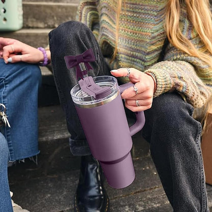 4Pcs Silicone Straw Toppers Covers for Stanley Cups 40/30oz 10mm(0.4in) Dust-Proof Bow Straw Covers Toppers Suitbale for Stanley Cup Accessories Reusable Straws Caps (Dark Purple)