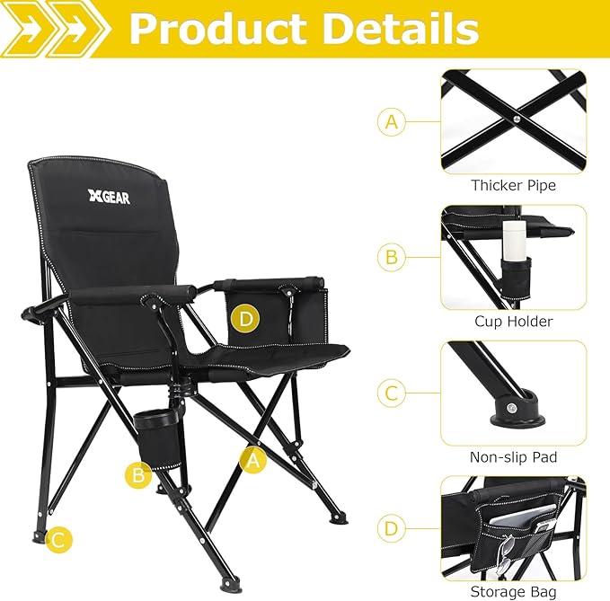 XGEAR Camping Chair with Padded Hard Armrest, Sturdy Folding Camp Chair with Cup Holder, Storage Pockets Carry Bag Included, Support to 400 lbs
