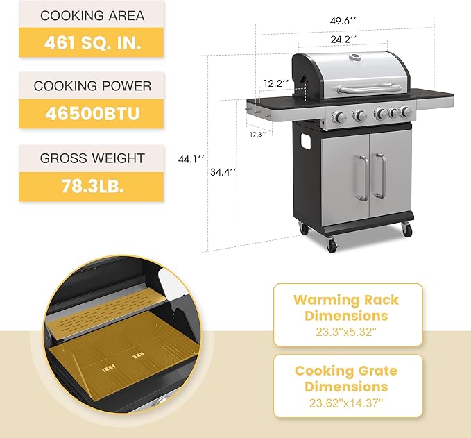 DIFY 4-Burner Propane Gas BBQ Grill with Side Burner and Porcelain-Enameled Cast Iron Grates, 46500 BTU Output Stainless Steel Grill for Outdoor Cooking Kitchen & Patio Backyard Barbecue, Silver