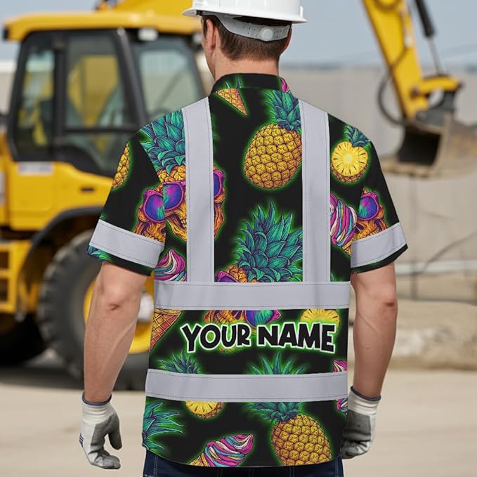 High Visibility Hawaiian Shirt for Men Tropical Shirts Custom Name Floral Outfit Reflective Safety Workwear