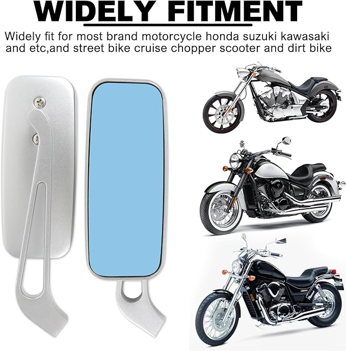 Devilmotor Black Rectangle Motorcycle Bobber Mirrors for Cruiser Chopper with Smoke Blue 8mm-10mm (Silver)