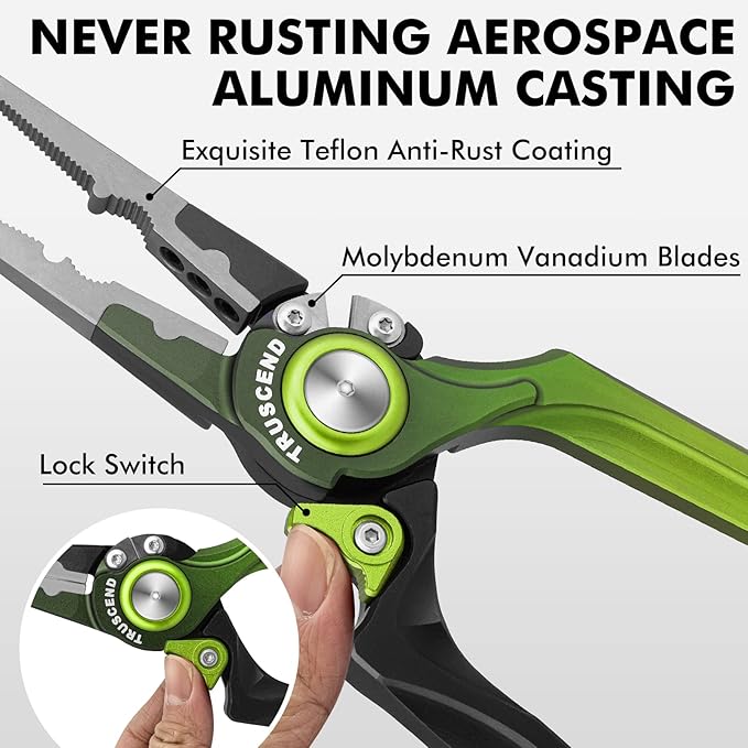 TRUSCEND Lockable Handy Fishing Pliers with Innovative Ergonomical Handle, Corrosion Saltwater Resistant Teflon Coated Fishing Tool, Multi-Function Fishing Gear with Mo-V Cutter, Fishing Gifts for Men