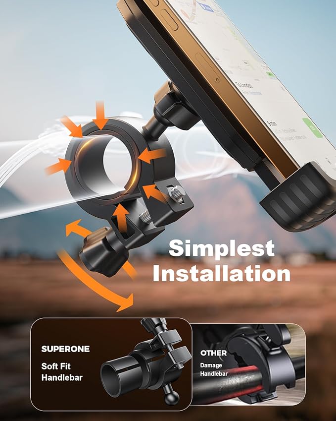 SUPERONE Bike Phone Holder, [Silicone Wrapped] [1s Lock] Motorcycle Cell Phone Holder Mount, Bicycle Scooter Handlebar Clamp for iPhone 17 16 15 Air Pro Max, S25 S24 Ultra, More 4.7-7.2" Phones