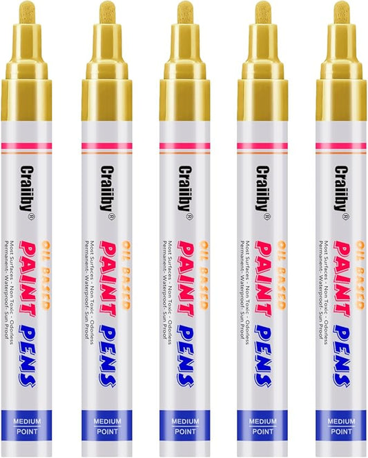 Gold Paint Markers, 5 Pack Oil-Based Waterproof Quick Dry Permanent Paint Pen Set for Rocks Painting, Wood, Fabric, Plastic, Canvas, Glass, Mugs, Metal, Tire, Stone, DIY Craft, Copper