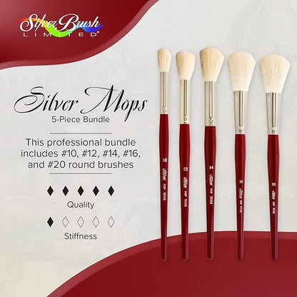Silver Brush Limited MP-5662S Silver Mops Short Handle Round White Mops Brushes with Super-Soft Organic Hair, 5pc Professional Artist Painting Bundle for Oil, Acrylic, Watercolor, Pastels, & Charcoal