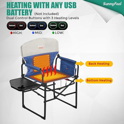 SUNNYFEEL Heated Camping Directors Chair, Heavy Duty,Oversized Outdoor Portable Heating Folding Chair with Side Table, Pocket for Beach, Fishing,Trip,Picnic,Lawn,Concert Foldable Camp Chairs