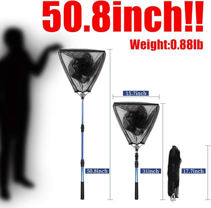 Fishing Net with Long Robust Telescopic Handle for Freshwater and Saltwater,Extend to 50.8 Inch,Foldable Nylon Mesh Landing Net