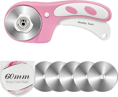 Headley Tools Rotary Cutter 60mm Upgraded with Bearing Design for Smoother and deeper cutting, Ergonomic Handle Rolling Cutter with Safety Lock for Fabric, Fabric, Leather, Crafting, Sewing, Pink