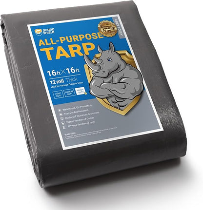 GUARD SHIELD Heavy Duty Tarp Waterproof 16x16 Feet Grey Large Outdoor Tarps Cover 12mil