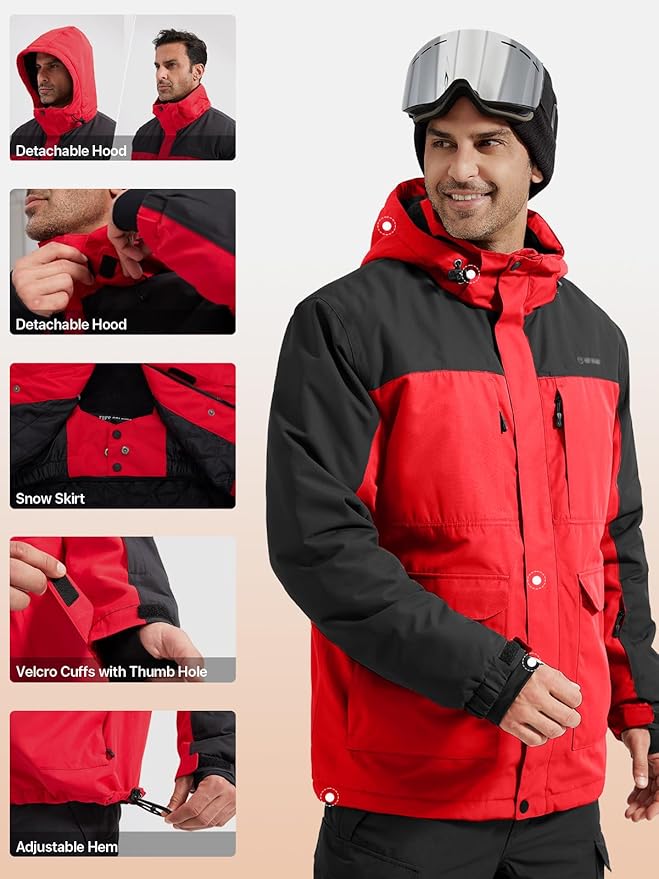 FREE SOLDIER Men's Waterproof Ski Jacket Fleece Lined Warm Winter Snow Coat with Hood Fully Taped Seams