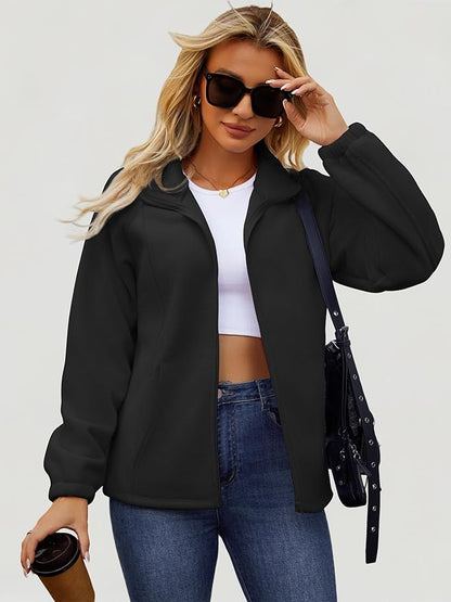 Womens Zip Up Fleece Jacket With 6 Pockets Casual Long Sleeve Fall Winter Fashion Outfits Clothes 2025