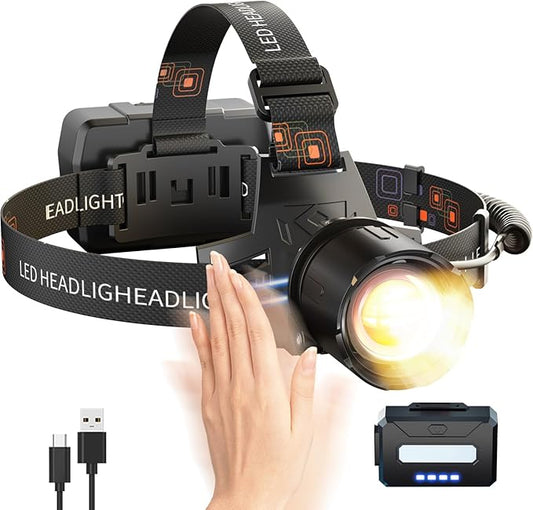 SKYFIRE Rechargeable Headlamp High Lumens, 7500mAh Motion Sensor LED Head Light with Zoomable, 13 Modes, 90° Adjustable, IPX6 Waterproof for Adults, Camping, Hiking, Fishing, Running, Cycling