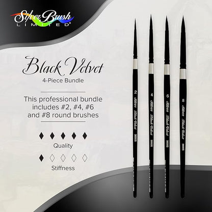 Silver Brush Limited BV-3055S Black Velvet Short Handle Medium Round Brushes, Mixed Filament With Very Soft Tips, 4pc Professional Artist Painting Bundle for Watercolors, Gouache, Dyes & Silk Painting