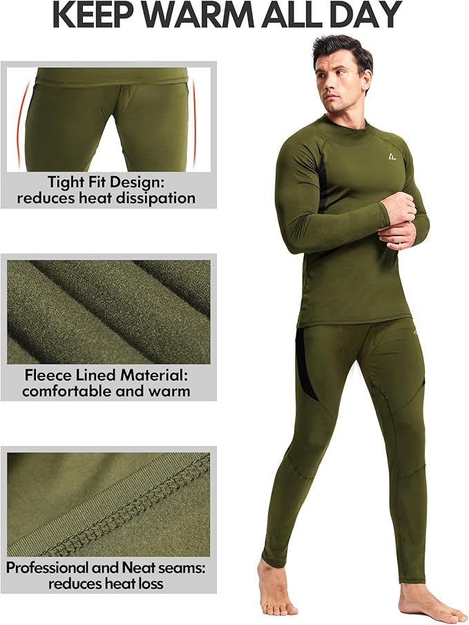 CL convallaria 2 Pack Mens Thermal Underwear Fleece Lined Long Johns Winter Base Layer Cold Weather Hunting Gear