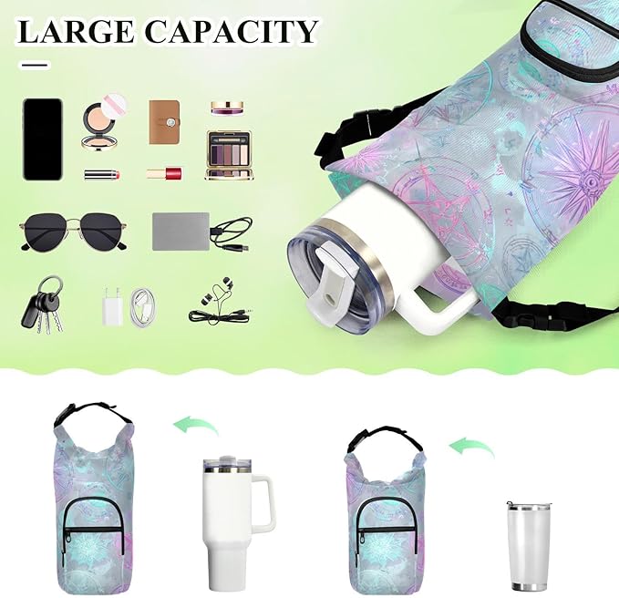Rainbow Color Circular Pentagrams Stars Water Bottle Holder with Strap Insulated Water Bottle Carrier Crossbody Bags Pouch with Phone Pocket for Travel Gym Hiking Walking Running