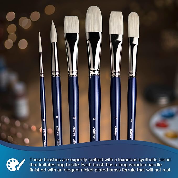 Silver Brush Limited BR-1951 Bristlon Long Handle Flat Brushes with Very Stiff White Synthetic Tips, 6pc Premium Artist Painting Set for Acrylic, Oil, Watercolor & All Media, Sizes 00, 0, 1, 2, 4, & 6