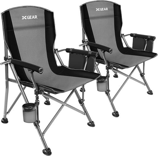 XGEAR Camping Chair with Padded Hard Armrest, Sturdy Folding Camp Chair with Cup Holder, Storage Pockets Carry Bag Included, Support to 400 lbs