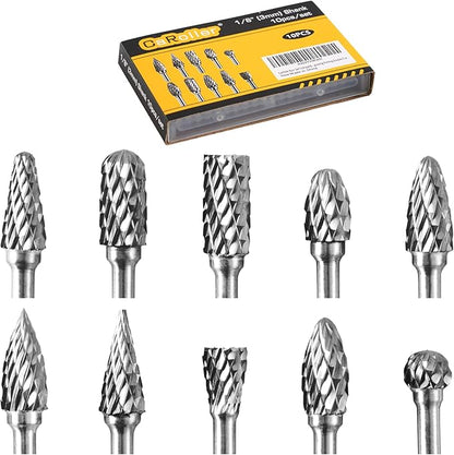 Tungsten Carbide Burr Set, 1/8" Shank 10PC Double Cut Die Grinder Rotary Tool Cutting Burrs Set for Metal and Wood Working Carving, Engraving, Polishing, Grinding with Clear Storage Case