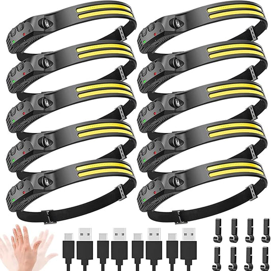 New LED Headlamp Rechargeable, 230° COB Super Bright Head Lights for Forehead, 6Mode Hard Hat Light for Adults, USB C Headband Flashlight for Work, Hiking, Running, Camping (10Pack)