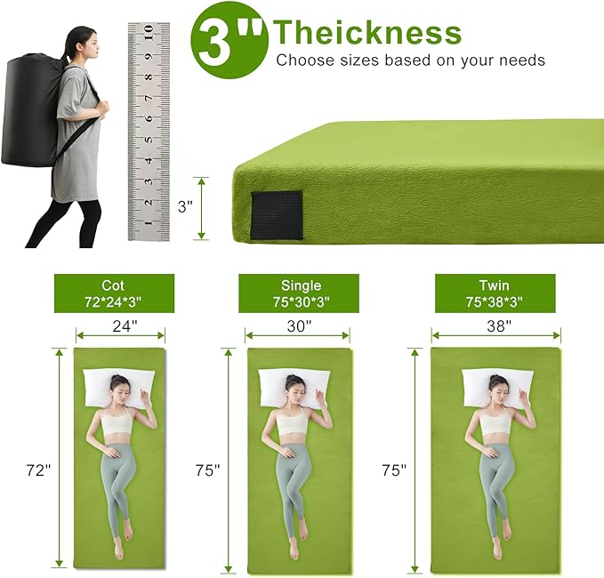 Memory Foam Camping Mattress pad, Comfortable Thick Floor Sleeping Mat for Adults with Waterproof and Non-Slip Bottom, Portable Roll Up Mattress for Sleepover Guest,Cot Mad for Car Camping