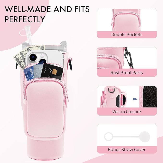 Water Bottle Carrier Bag with Phone Pocket for Stanley Cup 40/30 oz, Water Bottle Holder with Adjustable Strap& Straw Cover, Stanley Cup Accessories