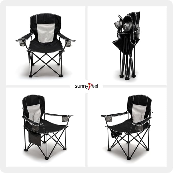 SUNNYFEEL Oversized Folding Camping Chair 500 LBS Heavy Duty Lawn Chairs for Adults Black Portable Folding with Armrest, Cup Holder, Pocket ＆Bag for Outdoor Camping/Beach/Travel/Picnic/Fishing