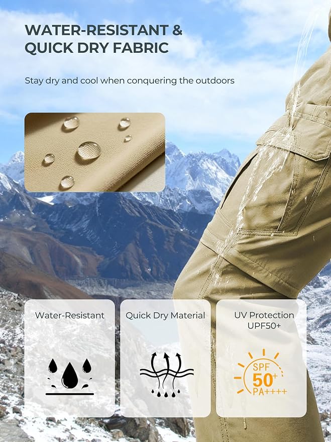 Men's Convertible Hiking Pants Waterproof Quick Dry Zip-Off Lightweight Tactical Multi-Pocket Outdoor Fishing Safari Trousers