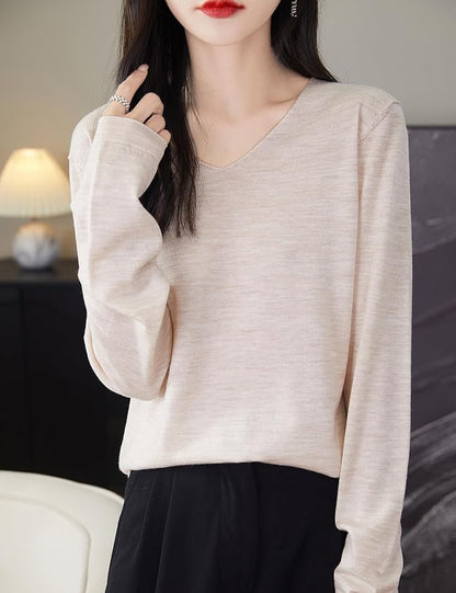 Chanyarn Women's 100% Merino Wool Base Layer Shirt Tops V Neck Long Sleeve Travel Hiking Tee T Shirt Pullover Sweater