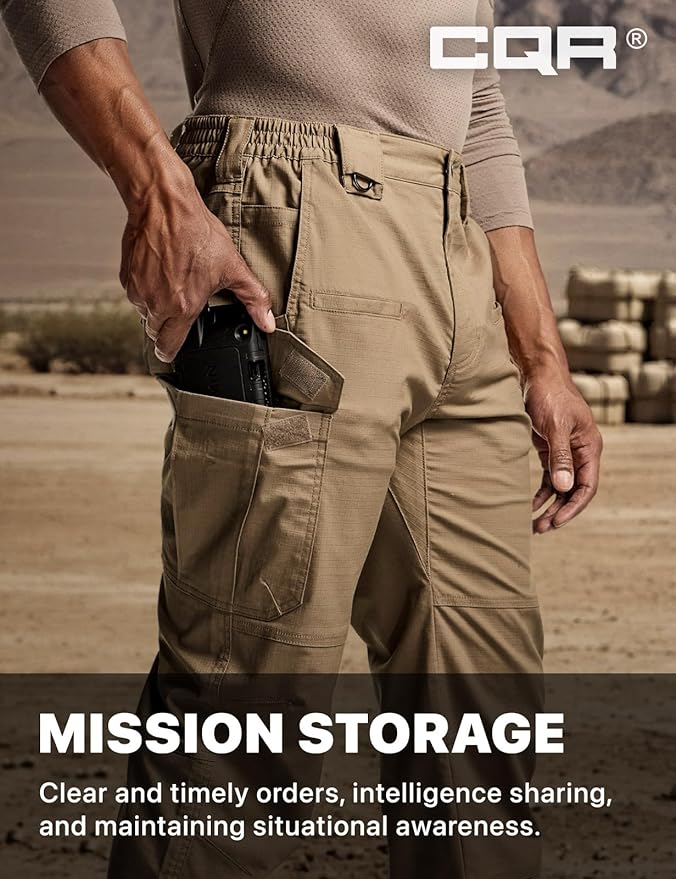 CQR Men's Flex Stretch Tactical Pants, Water Resistant Ripstop Cargo Pants, Lightweight EDC Outdoor Work Hiking Pants