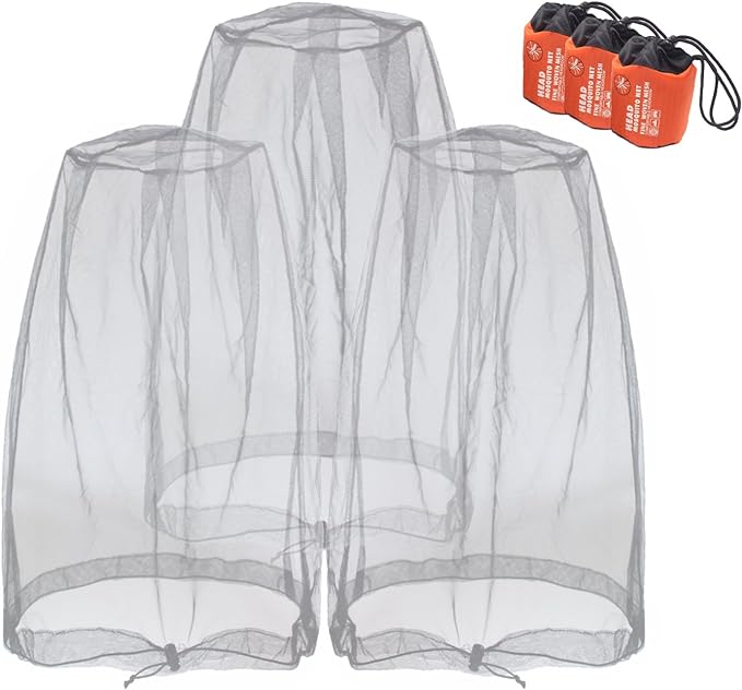 Anvin Mosquito Head Mesh Nets Gnat Face Netting for No See Ums Insects Bugs Gnats Biting Midges from Any Outdoor Activities, Works Over Most Hats Comes with Free Stock Pouches (3pcs, Grey)