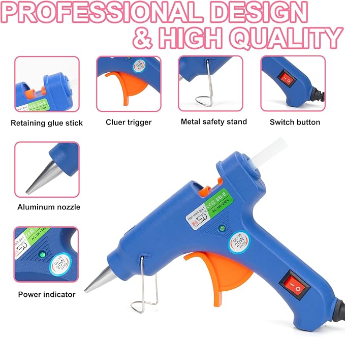 Mini Glue Gun and Sticks Set with Mini Pink Bows - 50 Pcs, 20 Pcs Glue Sticks and Tiny Bows with Hard Shell Carry Case for School DIY Crafts Arts Wedding Party Favors, Gift Box Decorations