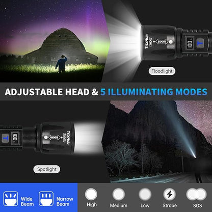 Rechargeable Flashlights 3Pack High Lumens, 5Mode Rechargeable Flashlights with LCD Digital Display, Super Bright Flashlight Adjustable Flash Light, High Powered LED Flashlight for Emergency