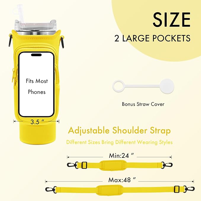 Water Bottle Carrier Bag with Phone Pocket for Stanley Cup 40/30 oz, Water Bottle Holder with Adjustable Strap& Straw Cover, Stanley Cup Accessories