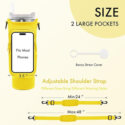 Water Bottle Carrier Bag with Phone Pocket for Stanley Cup 40/30 oz, Water Bottle Holder with Adjustable Strap& Straw Cover, Stanley Cup Accessories
