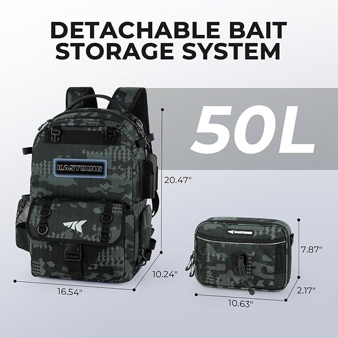 KastKing BaitSpace 50L Fishing Tackle Backpack with Removable Bait Binder,2 Rod Holders Storage Fishing Gear and Equipment
