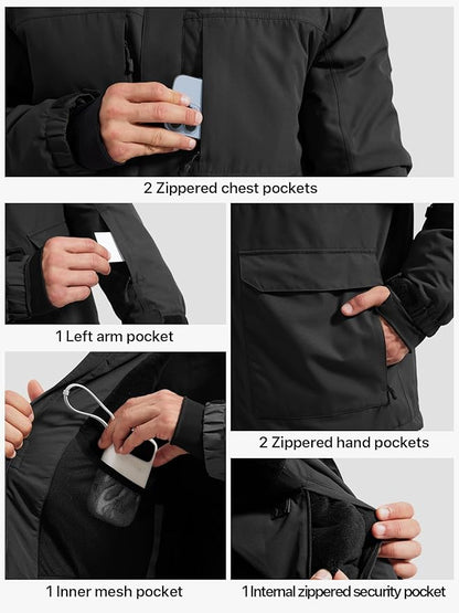 FREE SOLDIER Men's Waterproof Ski Jacket Fleece Lined Warm Winter Snow Coat with Hood Fully Taped Seams