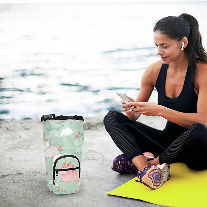 Cartoon Unicorn Pink Sage Green Water Bottle Holder with Strap Insulated Water Bottle Carrier Crossbody Bags Pouch with Phone Pocket for Travel Gym Hiking Walking Running