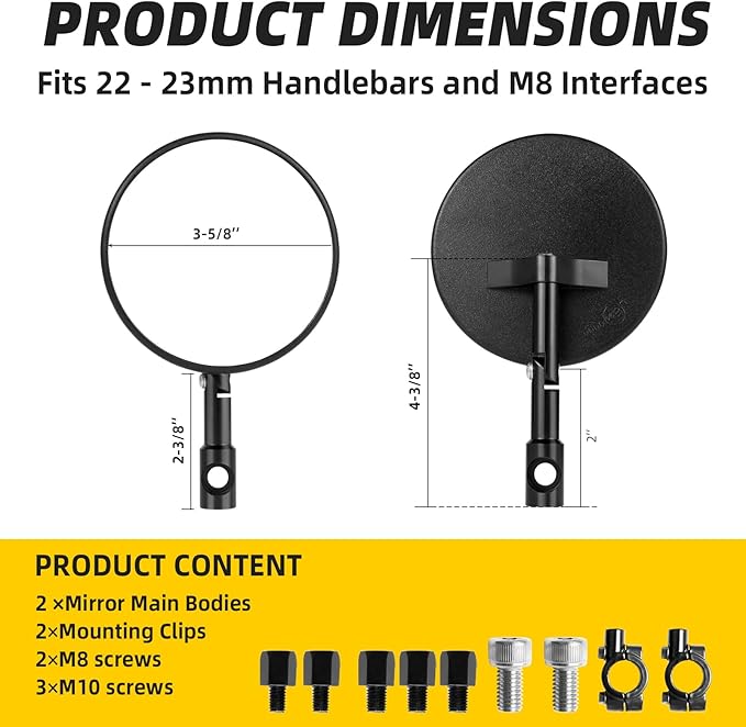 Motorcycle Mirrors for Handlebars - 7/8" Universal Foldable Rear View Bar End Side Mirrors with M8 M10 Bolts + Mount for Adventure Motorcycle/Dirt Bike/E-bike/Scooters/ATV/UTV Accessories