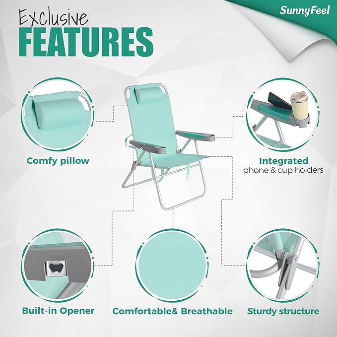 SUNNYFEEL Oversized Tall Folding Beach Chair Lightweight, 17" Portable Sand Chair for Adults Heavy Duty 500 LBS with Cup Holders, Foldable High Camping Lawn Chairs for Camp/Outdoor/Picnic/Sports