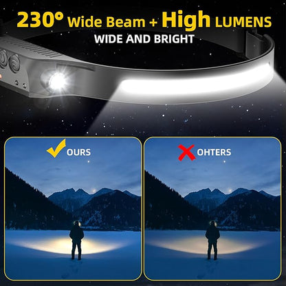 Rechargeable Headlamp 4PCS, Motion Sensor 230° Head Lamp, Hard Hat Light for Adults, Headlight for Forehead, LED Headband Flashlight for Work, Running, Camping Essentials Gear