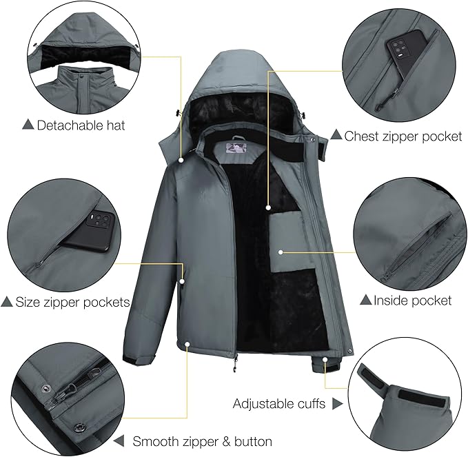 CAMELSPORTS Mens Winter Jacket Waterproof Warm Snow Ski Jackets Faux Fur Fleece Rain Coats with Removable Hood